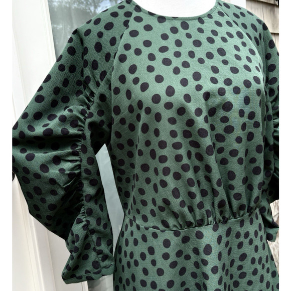 Who What Wear Polka Dot Puff Sleeve Dress Green Black Retro Modest Fit & Flare S - Picture 5 of 13